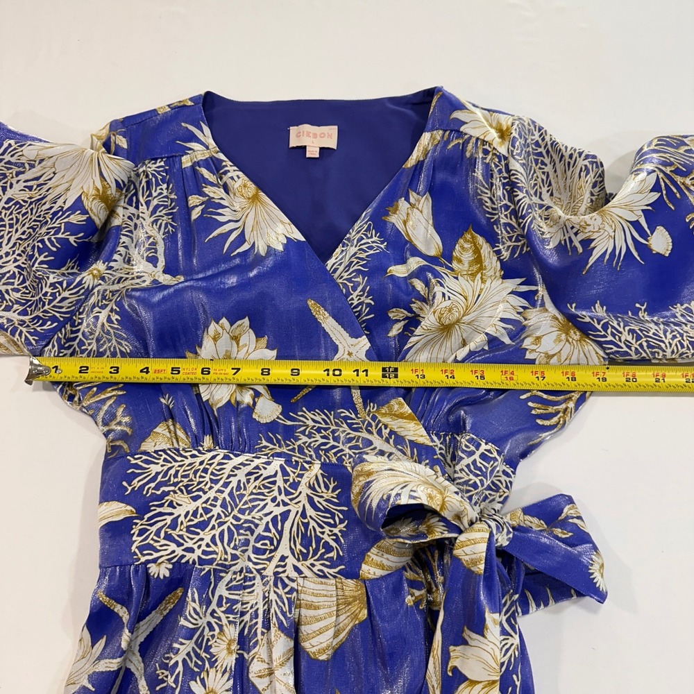 Ciebon Coastal Shell Print Wrap Maxi Dress Womens L Blue Gold Metallic Resort - Picture 11 of 12